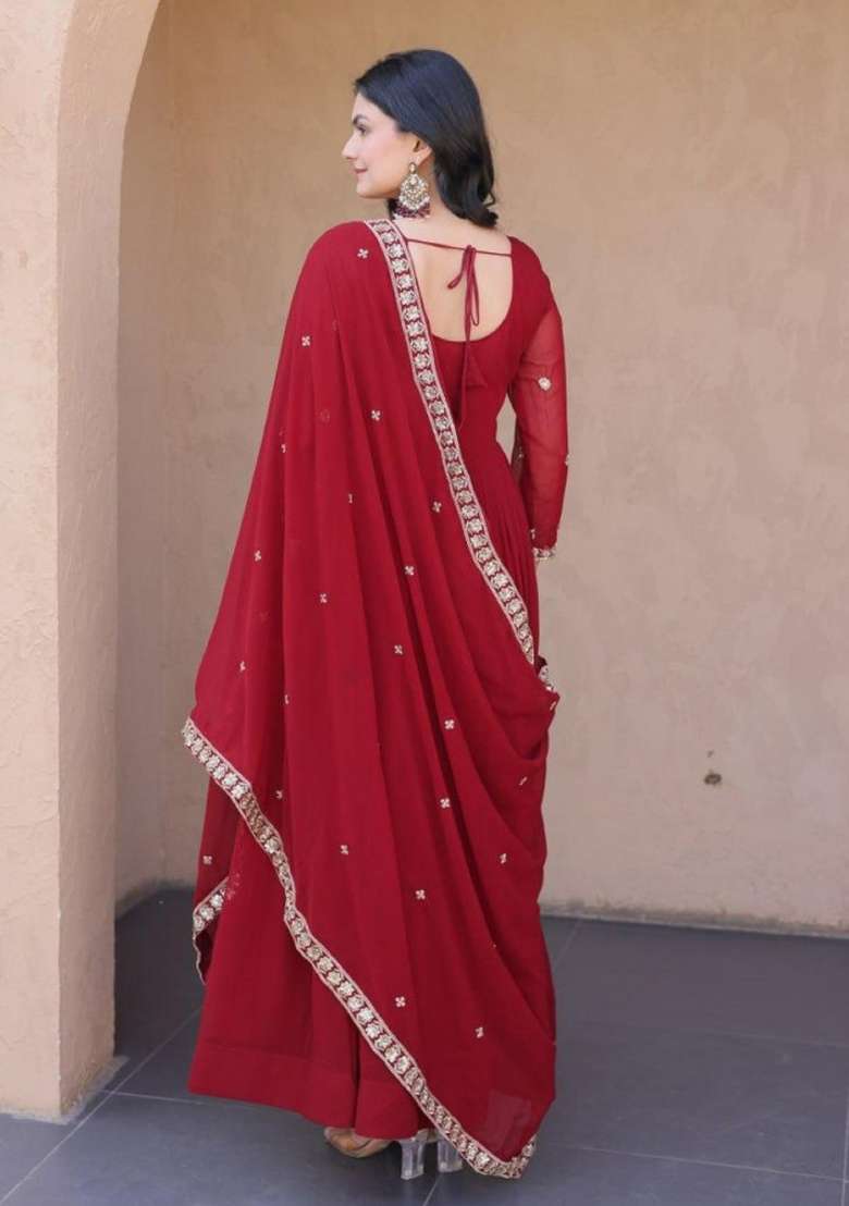 Maroon Embroidered Georgette Anarkali With Dupatta - Indya