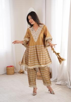 Mustard Embroidered Tissue Salwar Kameez