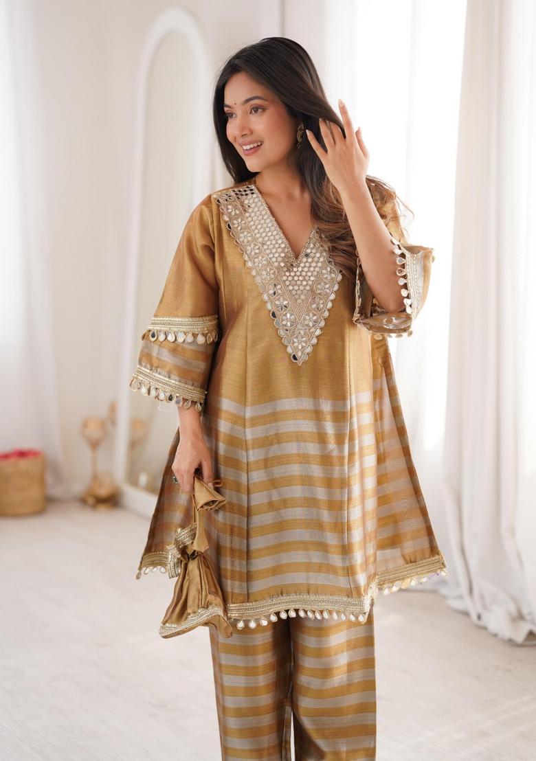 Mustard Embroidered Tissue Salwar Kameez - Indya
