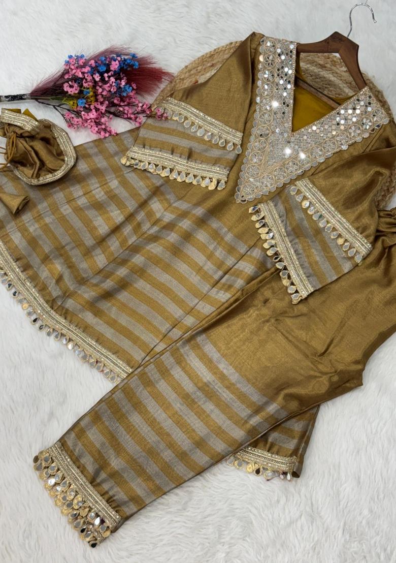 Mustard Embroidered Tissue Salwar Kameez - Indya