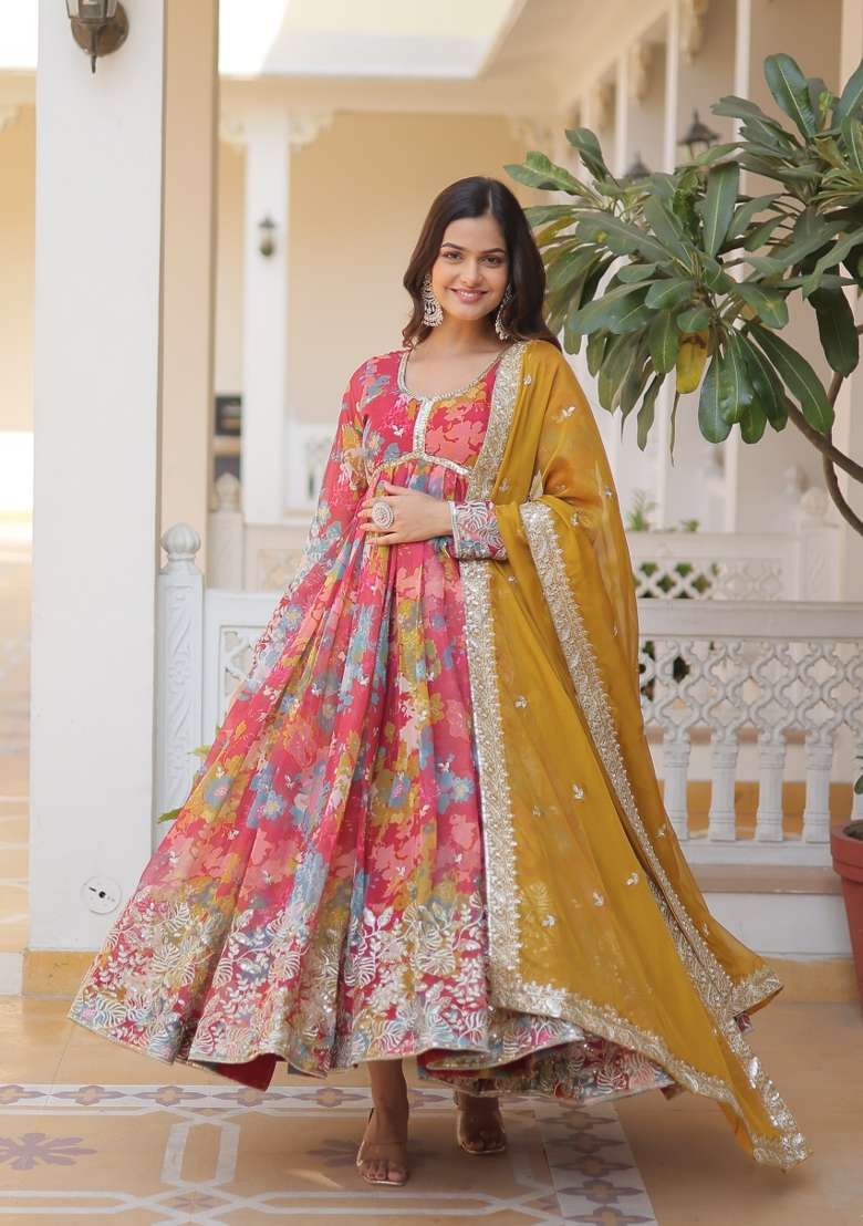 Peach Zari Work Silk Anarkali With Dupatta - Indya