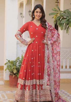 Red Zari Work Georgette Anarkali With Dupatta