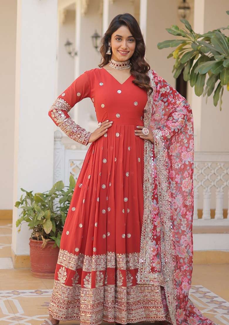 Red Zari Work Georgette Anarkali With Dupatta - Indya