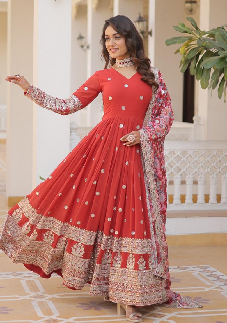 Red Zari Work Georgette Anarkali With Dupatta - Indya