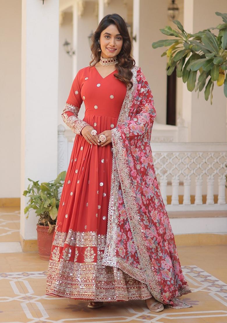 Red Zari Work Georgette Anarkali With Dupatta - Indya