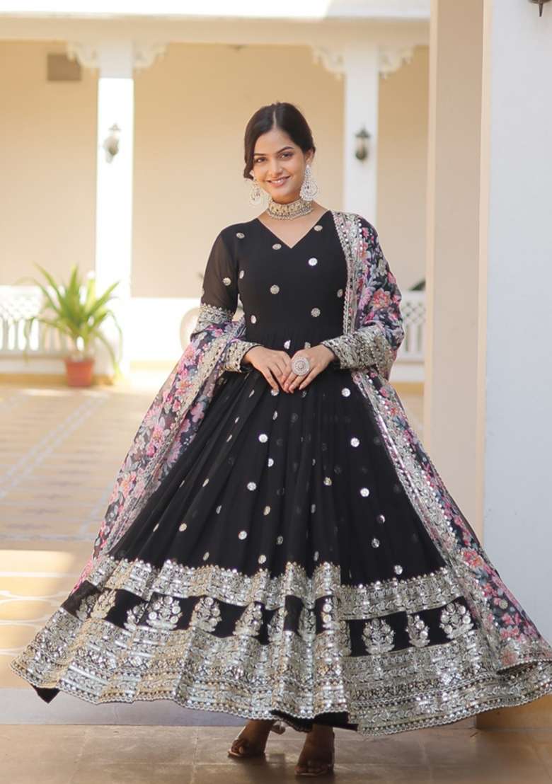 Black Zari Work Georgette Anarkali With Dupatta - Indya