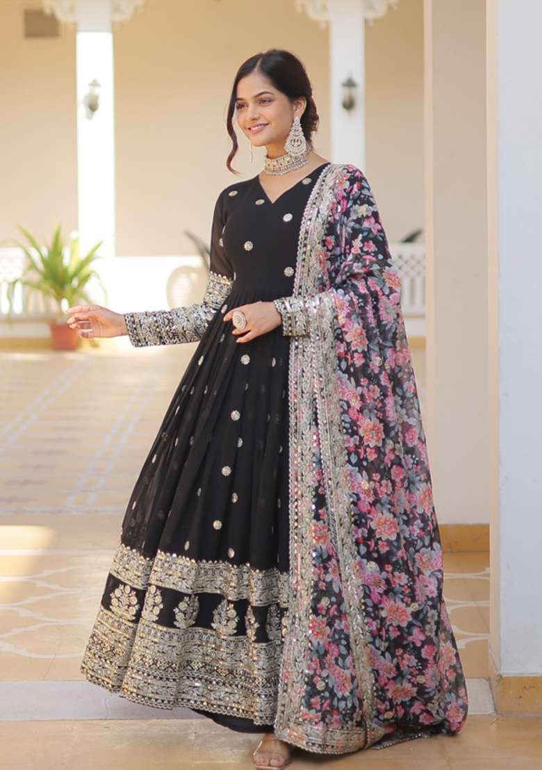 Black Zari Work Georgette Anarkali With Dupatta - Indya