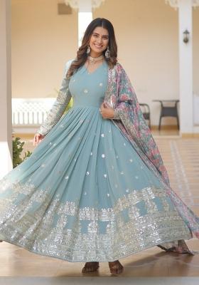 Sky Blue Zari Work Georgette Anarkali With Dupatta