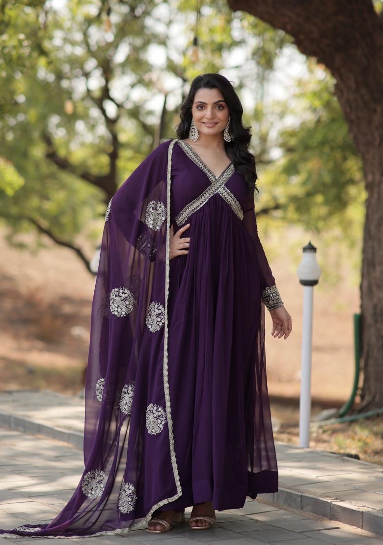 Violet Zari Work Georgette Anarkali With Dupatta - Indya