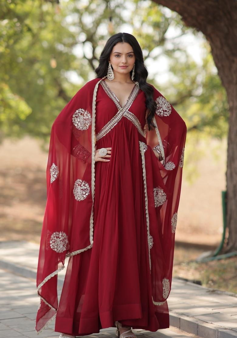 Maroon Zari Work Georgette Anarkali With Dupatta - Indya