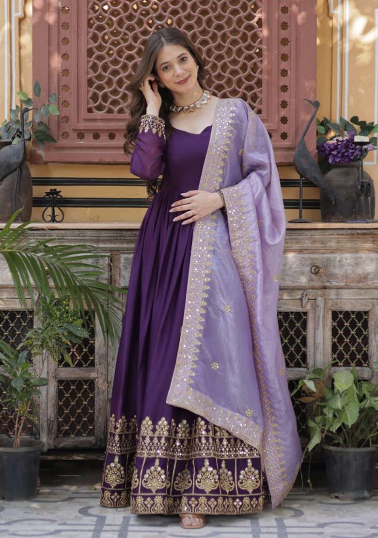 Purple Zari Work Georgette Anarkali With Dupatta - Indya
