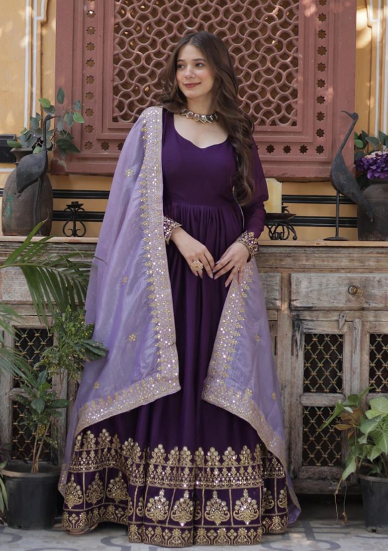 Purple Zari Work Georgette Anarkali With Dupatta - Indya