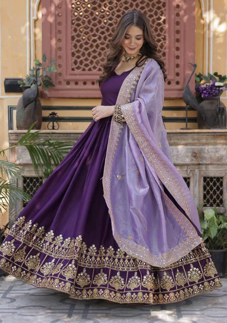 Purple Zari Work Georgette Anarkali With Dupatta - Indya