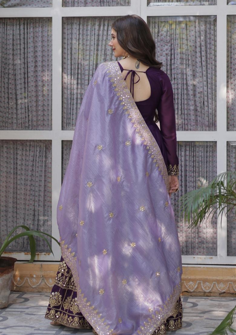 Purple Zari Work Georgette Anarkali With Dupatta - Indya