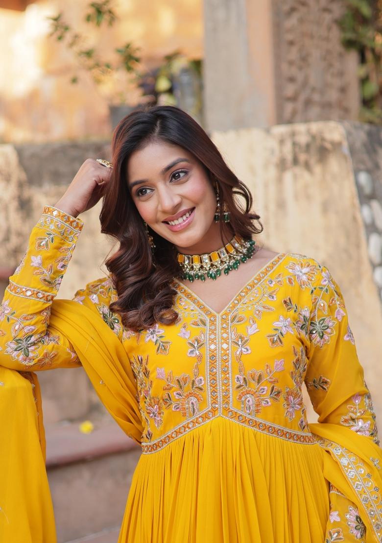 Yellow Zari Work Georgette Anarkali With Dupatta - Indya