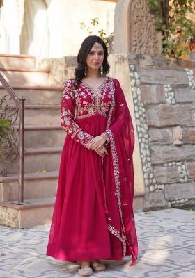 Red Zari Work Georgette Anarkali With Dupatta