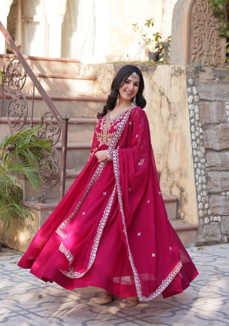 Red Zari Work Georgette Anarkali With Dupatta - Indya