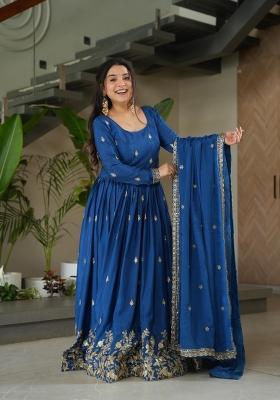 Dark Aqua Blue Zari Work Silk Anarkali With Dupatta