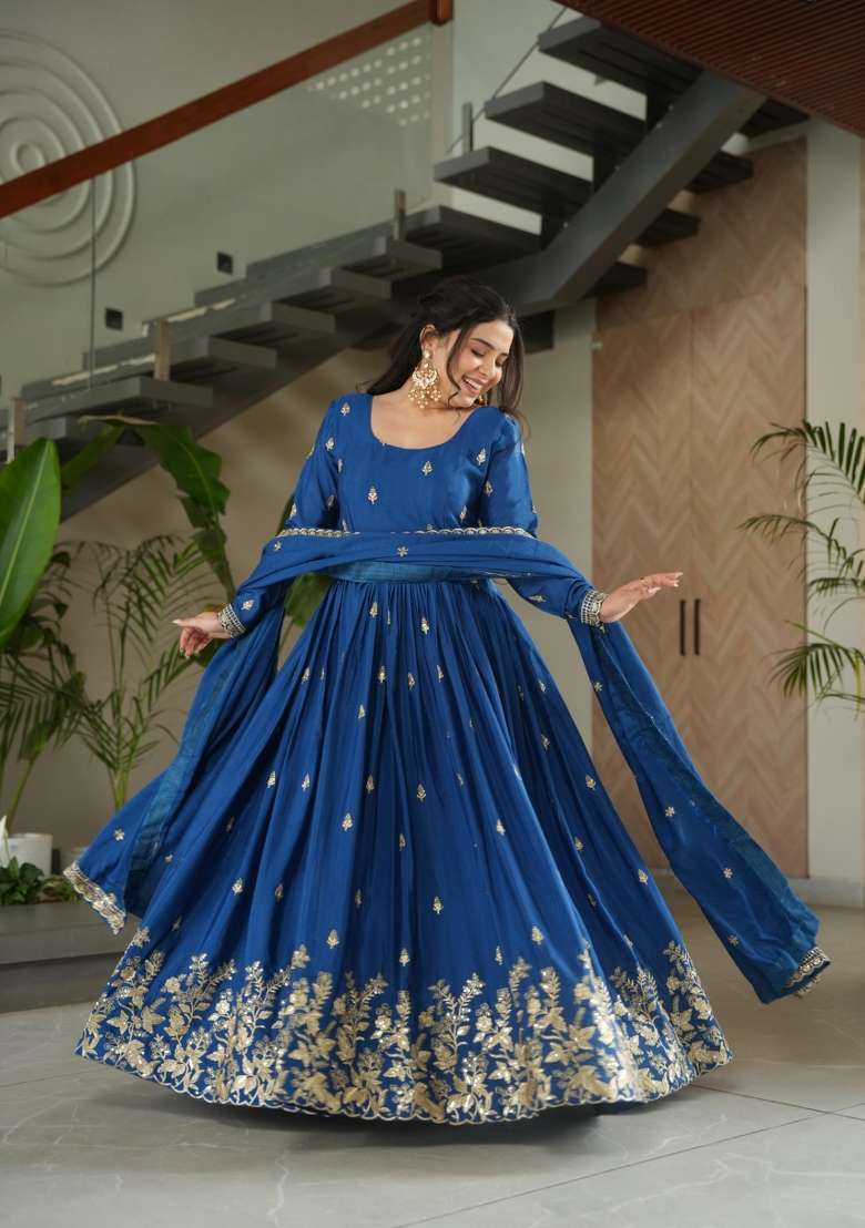 Dark Aqua Blue Zari Work Silk Anarkali With Dupatta - Indya