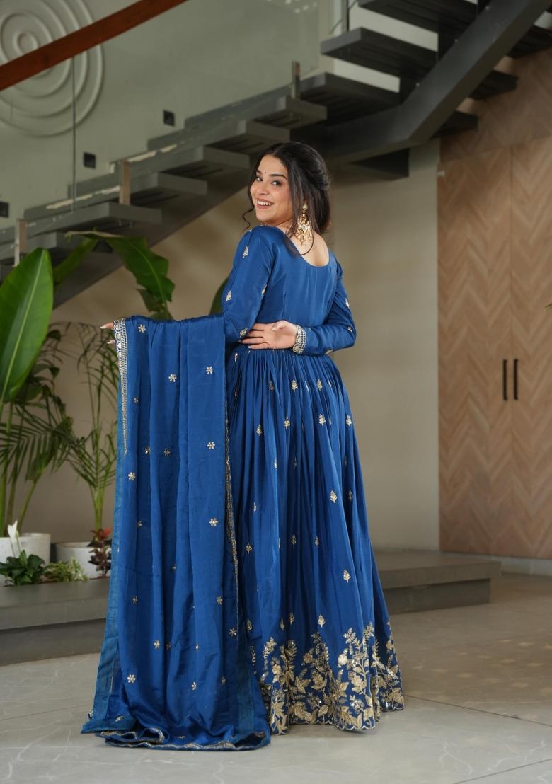 Dark Aqua Blue Zari Work Silk Anarkali With Dupatta - Indya