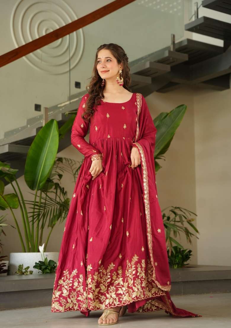 Red Zari Work Silk Anarkali With Dupatta - Indya