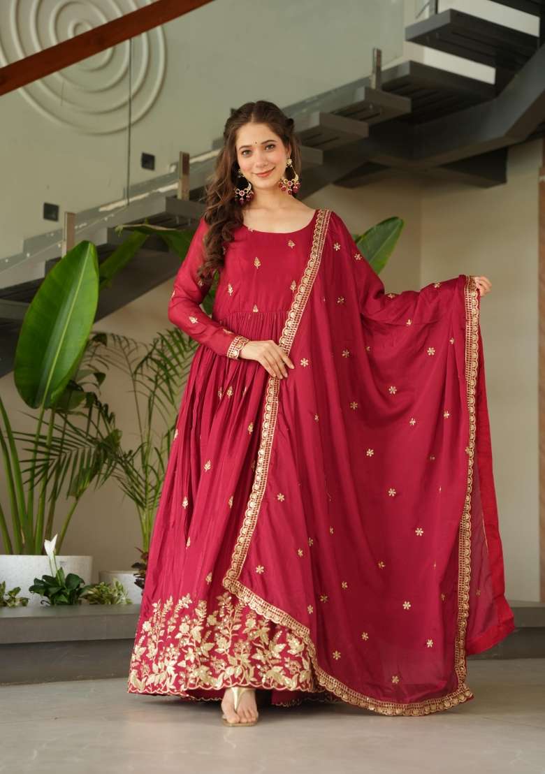 Red Zari Work Silk Anarkali With Dupatta - Indya