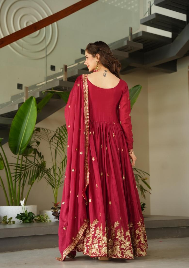 Red Zari Work Silk Anarkali With Dupatta - Indya