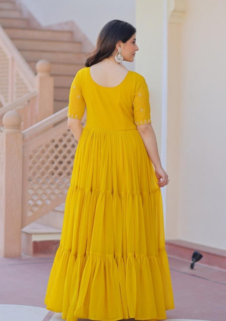 Yellow Embroidered Georgette Anarkali - Indya