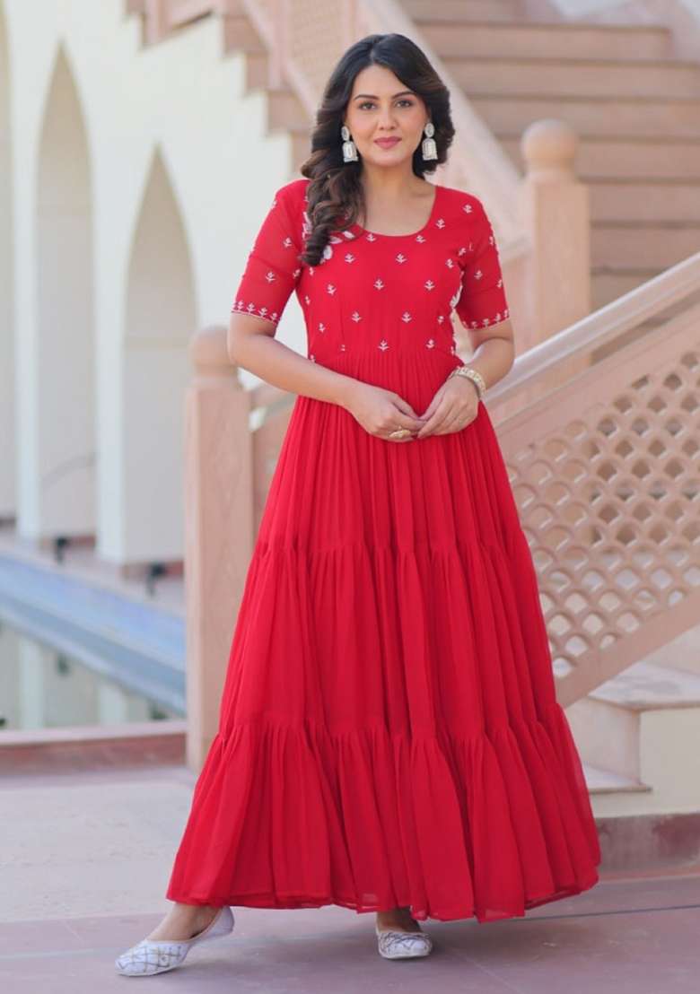 Red Embroidered Georgette Anarkali - Indya