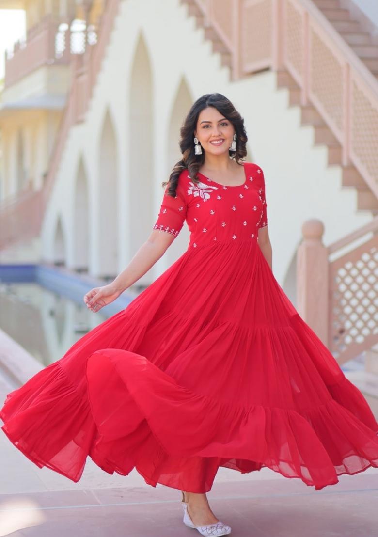 Red Embroidered Georgette Anarkali - Indya
