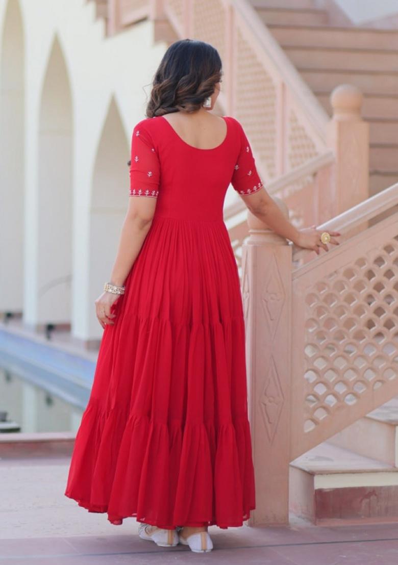 Red Embroidered Georgette Anarkali - Indya