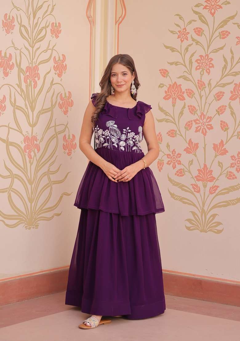 Violet Embroidered Georgette Anarkali - Indya