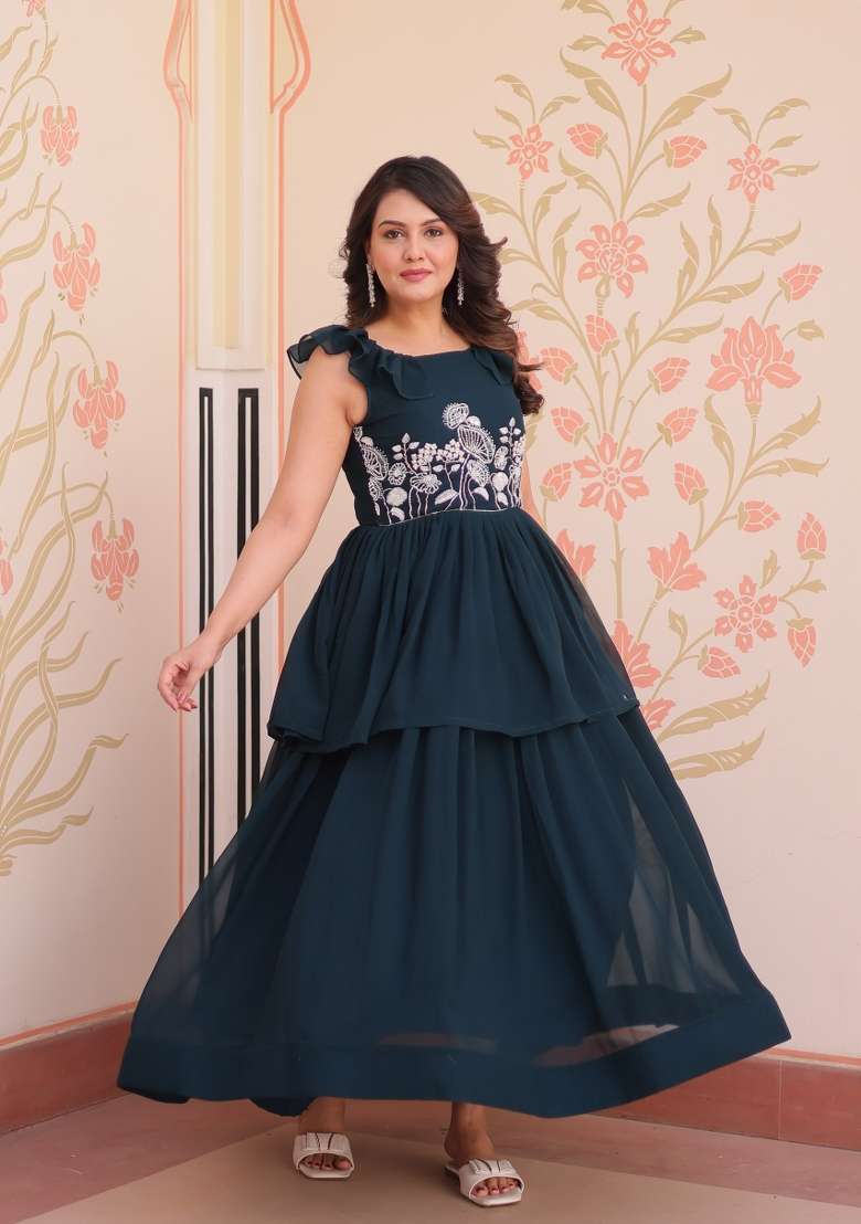 Navy Blue Embroidered Georgette Anarkali - Indya