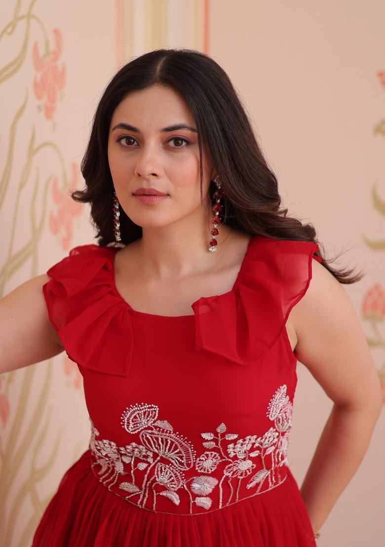Red Embroidered Georgette Anarkali - Indya