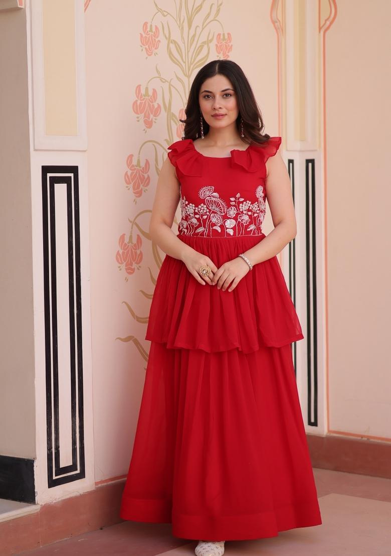 Red Embroidered Georgette Anarkali - Indya