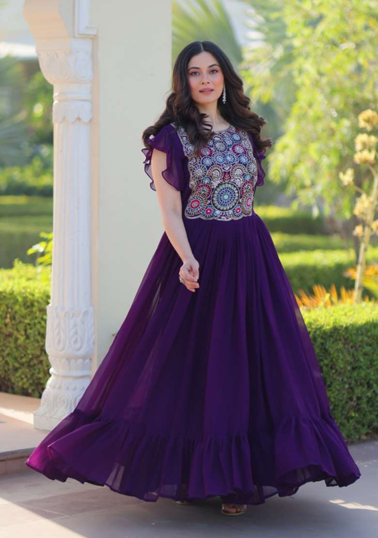 Purple Embroidered Georgette Anarkali - Indya