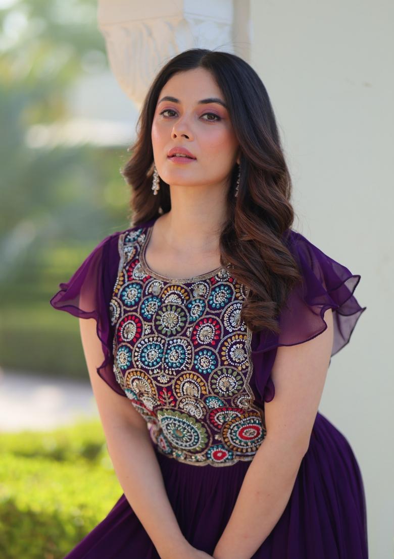 Purple Embroidered Georgette Anarkali - Indya