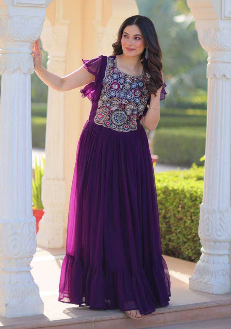 Purple Embroidered Georgette Anarkali - Indya