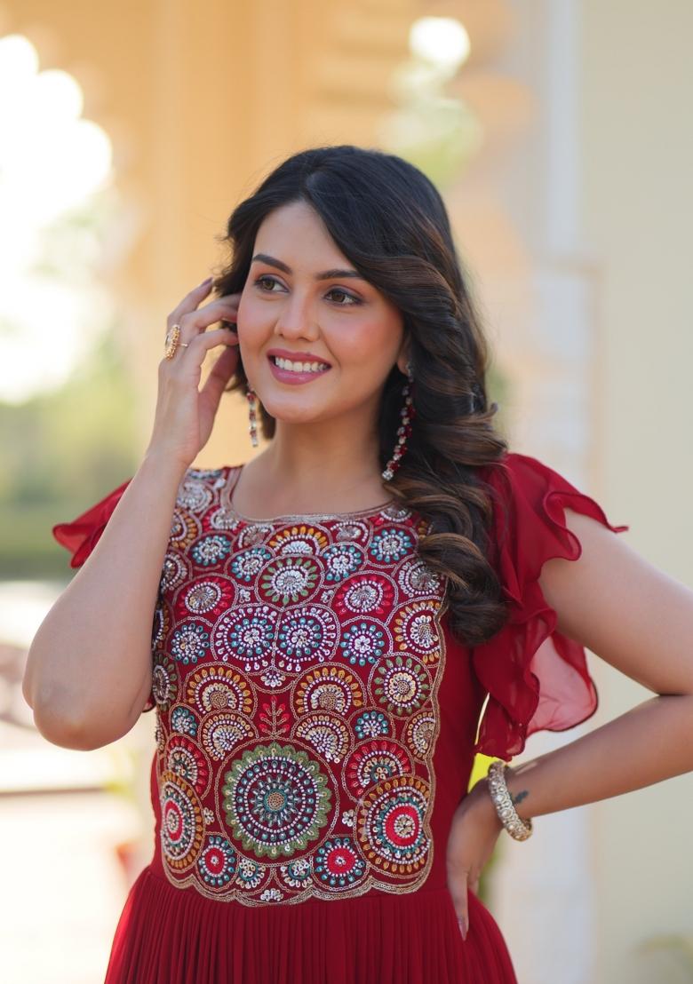 Red Embroidered Georgette Anarkali - Indya