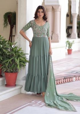 Sea Green Embroidered Georgette Anarkali With Dupatta