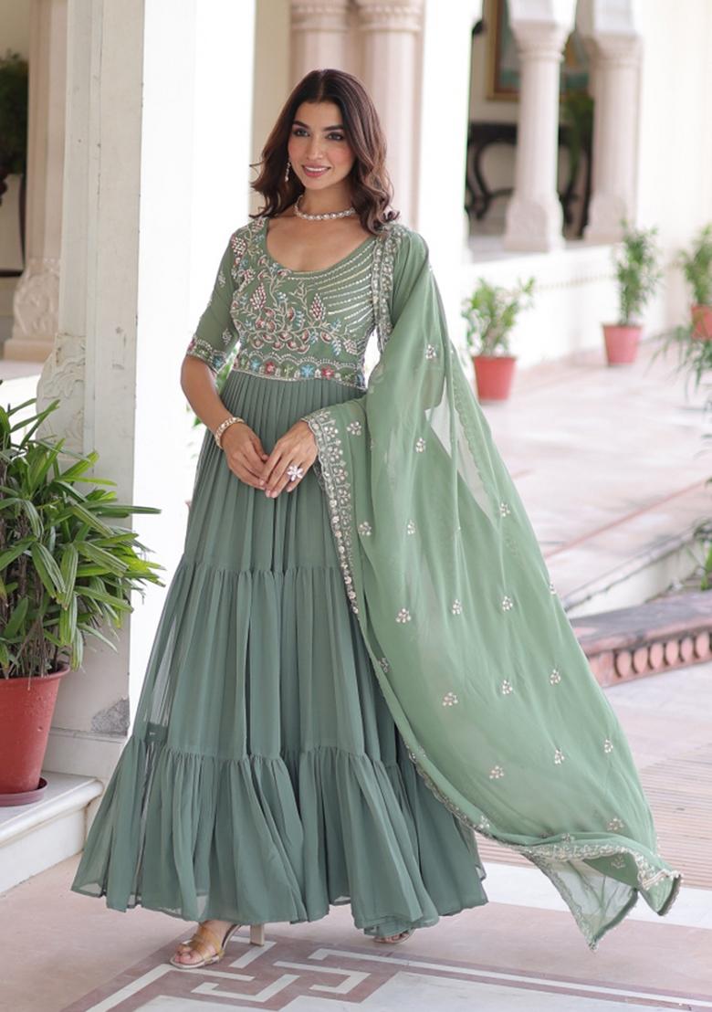 Sea Green Embroidered Georgette Anarkali With Dupatta - Indya