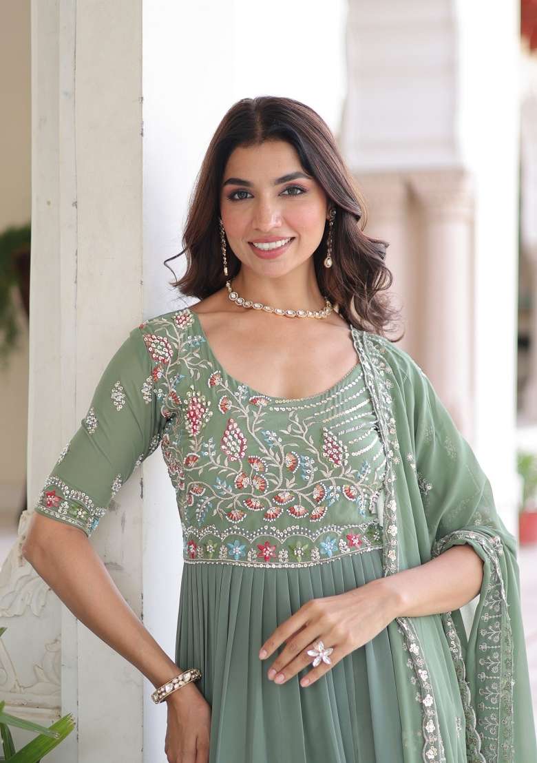 Sea Green Embroidered Georgette Anarkali With Dupatta - Indya