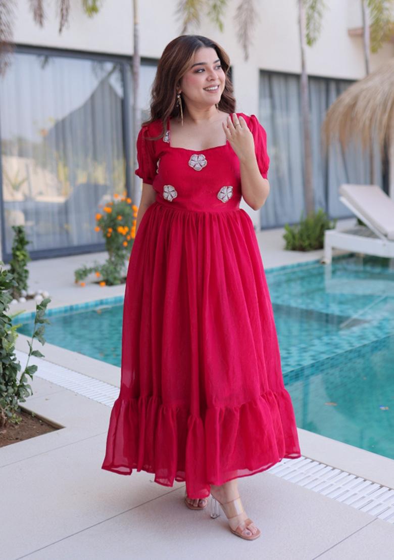 Red Embroidered Silk Anarkali - Indya