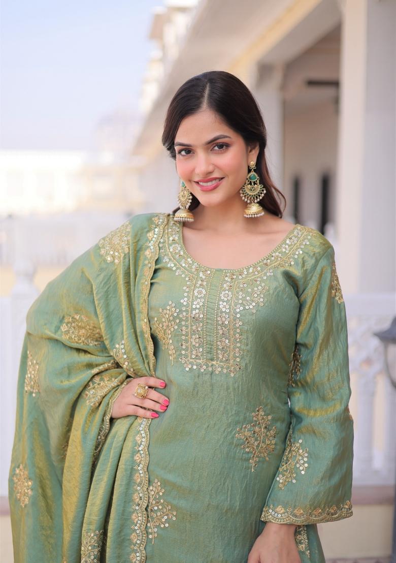 Green Embroidered Silk Salwar Kameez - Indya