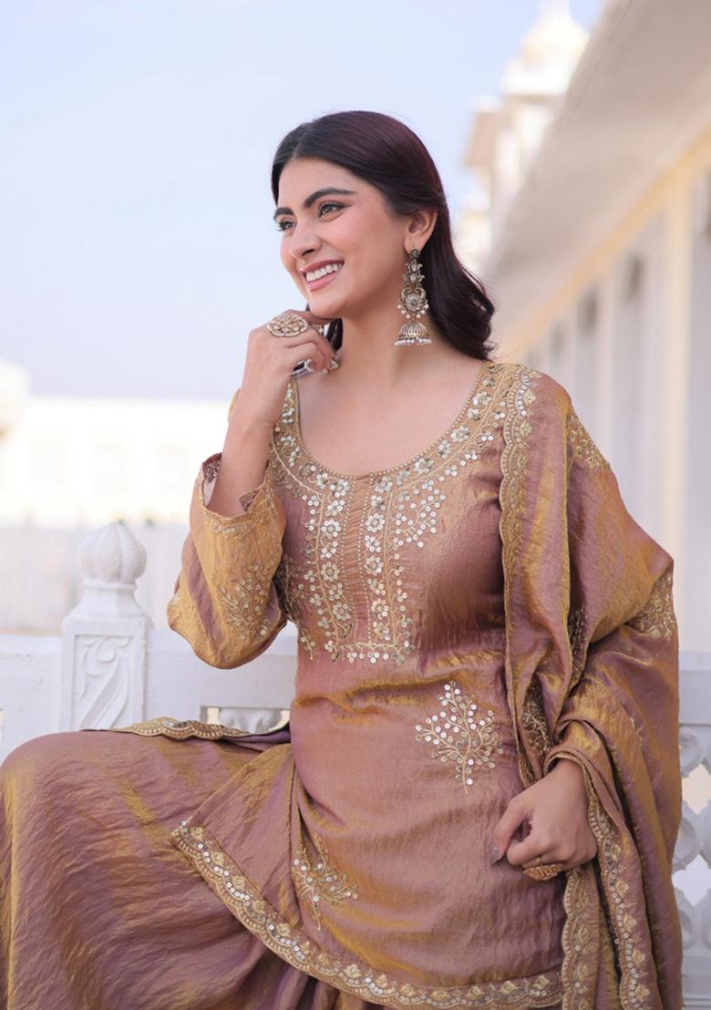 Coffee Embroidered Silk Salwar Kameez - Indya