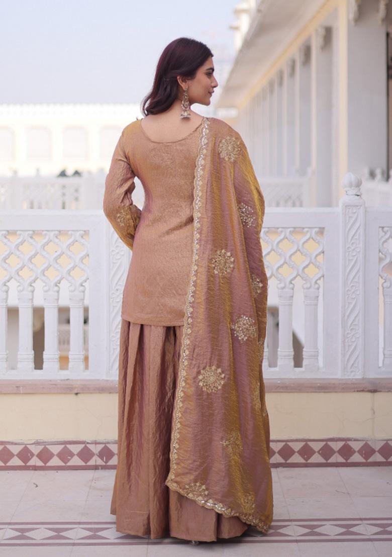 Coffee Embroidered Silk Salwar Kameez - Indya