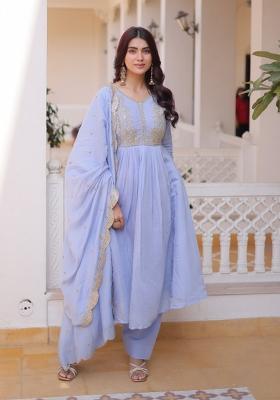 Sky Blue Embroidered Silk Salwar Kameez