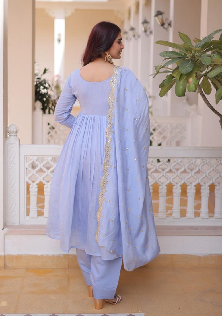 Sky Blue Embroidered Silk Salwar Kameez - Indya