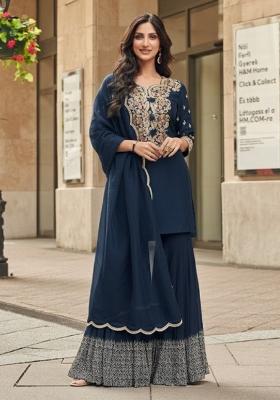 Navy Blue Embroidered Silk Salwar Kameez