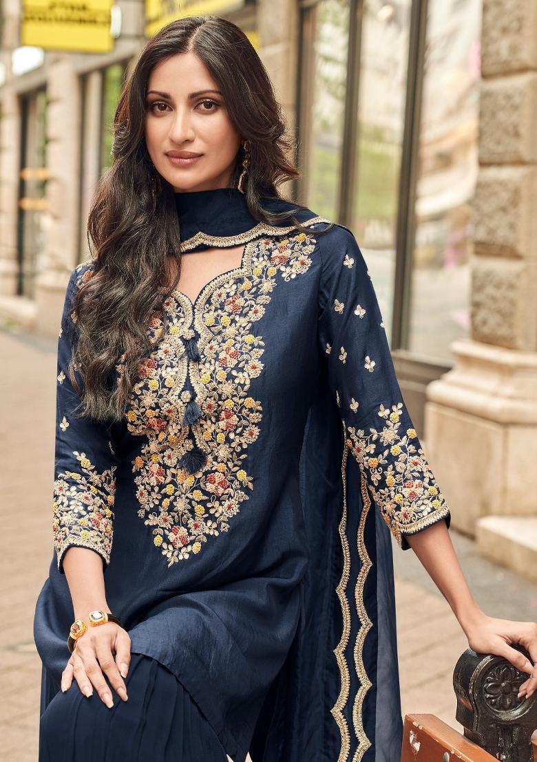 Navy Blue Embroidered Silk Salwar Kameez - Indya
